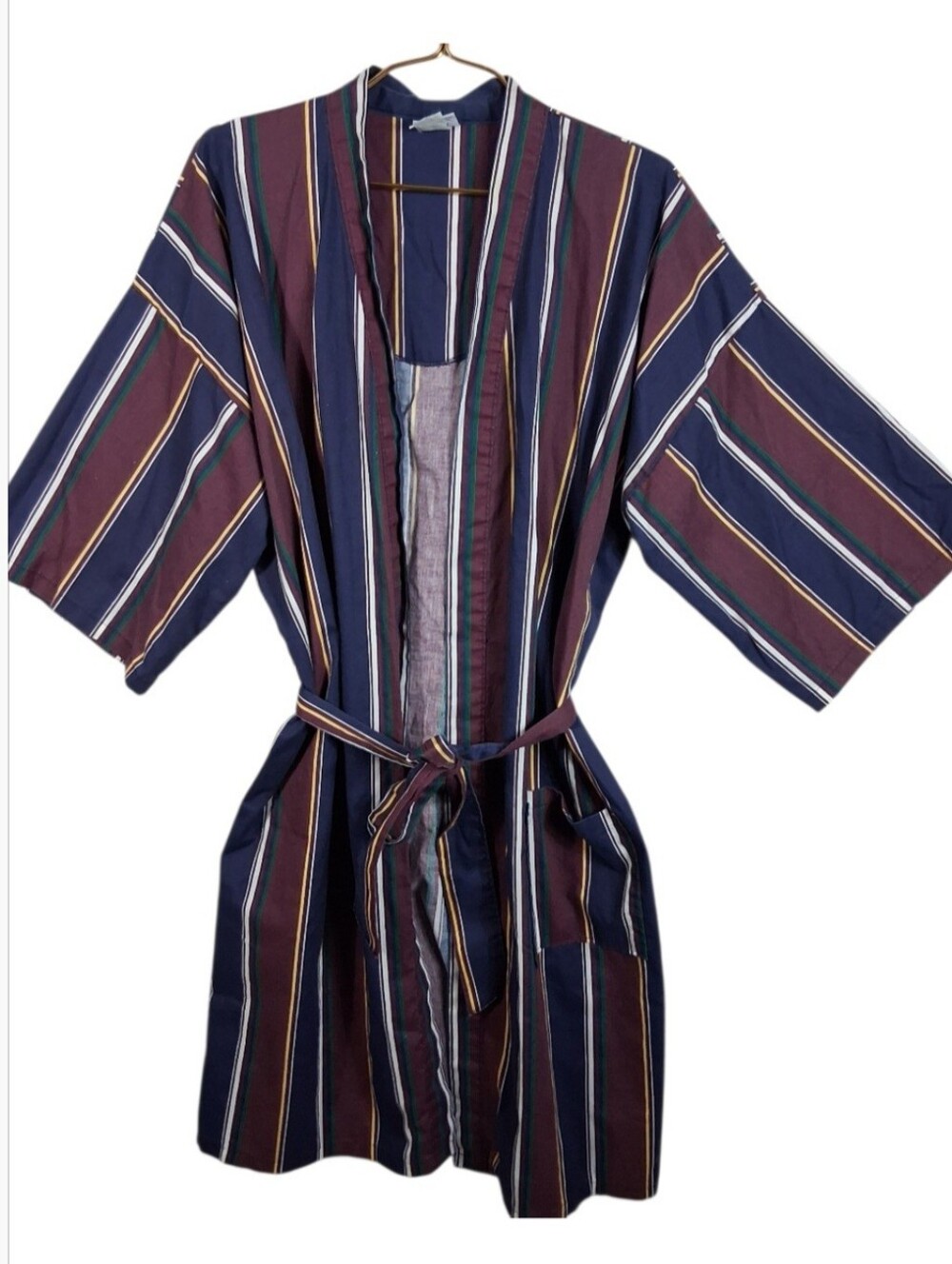 VTG 80s McGregor Made In USA Striped Lightweight Kimono Wrap Front Robe w/ Sash